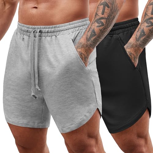 COOFANDY Herren-Shorts Gym Sport Shorts Sommer Männer Laufshorts Kurz mit Taschen 2er Pack Schwarz/Grau XXXL von COOFANDY