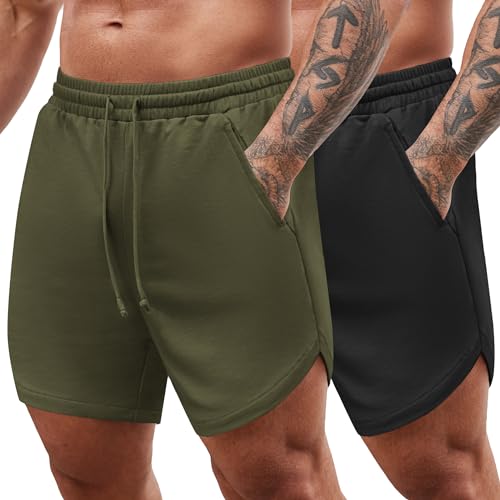 COOFANDY Herren Shorts Gym Trainingsshorts Fitness Männer Sporthose Kurz mit Taschen 2er Pack Armeegrün/Schwarz S von COOFANDY