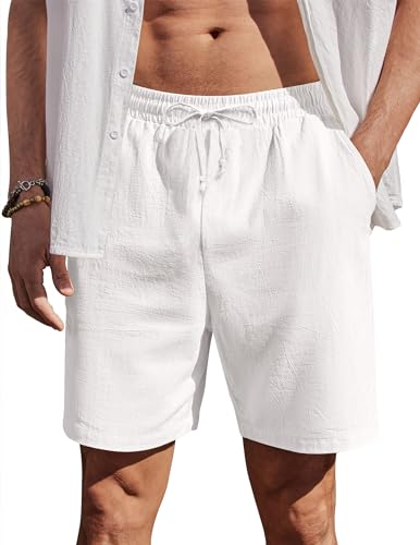 COOFANDY Herren Shorts Kurz Hosen Baumwolle Sommer Freizeithose Gummizug Regular Leinen Shorts mit Tunnelzug Weiß M von COOFANDY