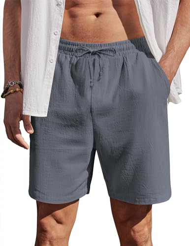 COOFANDY Herren Shorts Leinen Kurze Hosen mit Gummizug Sommerhose Baumwolle Chino Shorts mit Taschen Hellgrau S von COOFANDY