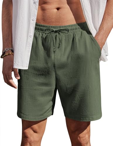 COOFANDY Herren Shorts Sommer Kurz Leinen Hosen mit Tunnelzug Regular Fit Einfarbig Atmungsaktiv Strand Casual Shorts mit Taschen Grün XXL von COOFANDY