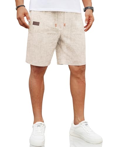 COOFANDY Leinen Shorts Herren Kurze Hosen Sommer Shorts Kurze Leinenhose Sommerhose Einfarbig Strandshorts Freizeithose mit Taschen Beige L von COOFANDY