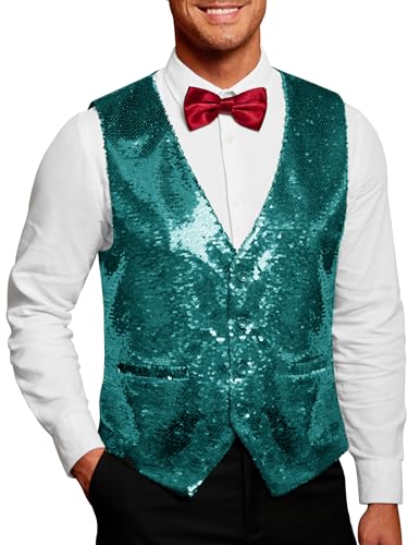 COOFANDY Herren Slim Fit Pailletten Weste V-Ausschnitt Glänzend Partykleid Anzug Stilvolle Weste Weste Weste, dunkelgrün, Large von COOFANDY