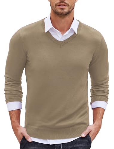 COOFANDY Herren Slim Fit Pullover V Ausschnitt Feinstrick Sweater Schmale Passform Strickpullover Khaki S von COOFANDY