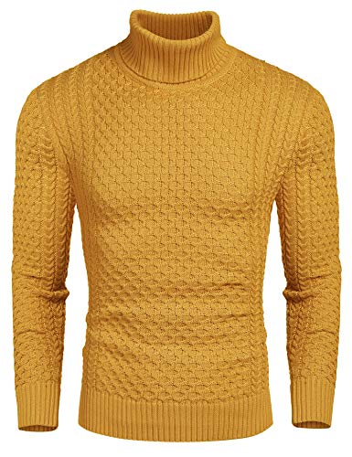 COOFANDY Herren Slim Fit Rollkragenpullover Casual Gestrickt Twisted Pullover Solide Pullover, gelb, L von COOFANDY