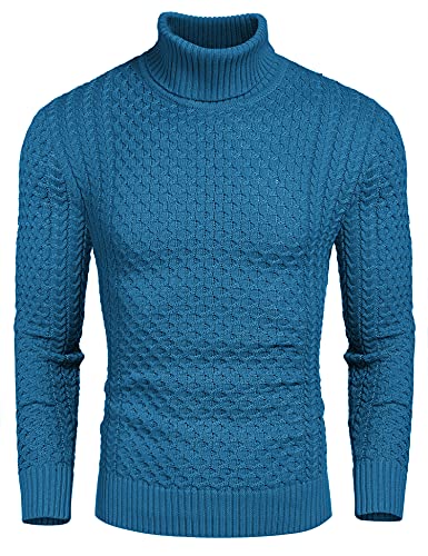 COOFANDY Herren Slim Fit Rollkragenpullover Casual Strickpullover Twisted Pullover Solid Sweater, blau - peacock blue, Groß von COOFANDY