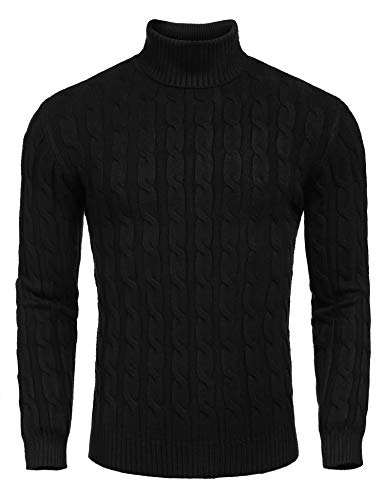 COOFANDY Herren Slim Fit Rollkragenpullover Casual Twisted Strickpullover Sweater, 01-Schwarz, L von COOFANDY