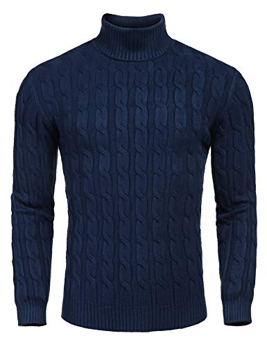 COOFANDY Herren Slim Fit Rollkragenpullover Casual Twisted Strickpullover Sweater, Marineblau, L von COOFANDY