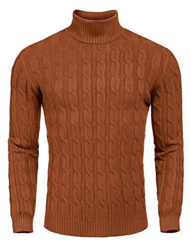 COOFANDY Herren Slim Fit Rollkragenpullover Casual Twisted Strickpullover Sweater, Braun, Groß von COOFANDY