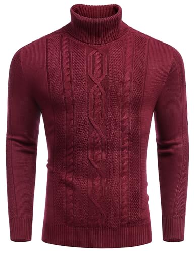 COOFANDY Herren Slim Fit Rollkragenpullover Casual Warm Twisted Knitted Pullover Sweater, 01_wine Red, L von COOFANDY