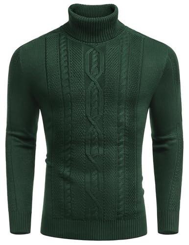 COOFANDY Herren Slim Fit Rollkragenpullover Casual Warm Twisted Strickpullover Sweater, 01_dark green, Groß von COOFANDY