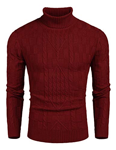 COOFANDY Herren Slim Fit Rollkragenpullover Casual Zopfmuster Pullover Pullover Pullover, Rot/Ausflug, einfarbig (Getaway Solids), Klein von COOFANDY