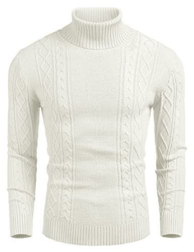 COOFANDY Herren Slim Fit Rollkragenpullover Casual Zopfstrickpullover Pullover Sweater, Weiss/opulenter Garten, Mittel von COOFANDY