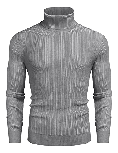 COOFANDY Herren Slim Fit Rollkragenpullover Gerippter Strickpullover mit hohem Kragen, Grau, L von COOFANDY