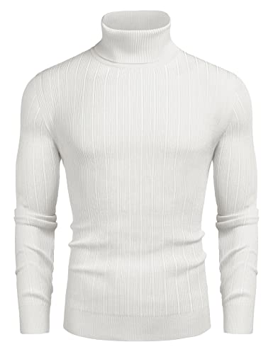 COOFANDY Herren Slim Fit Rollkragenpullover Gerippter Strickpullover mit hohem Kragen, Weiss/opulenter Garten, Mittel von COOFANDY