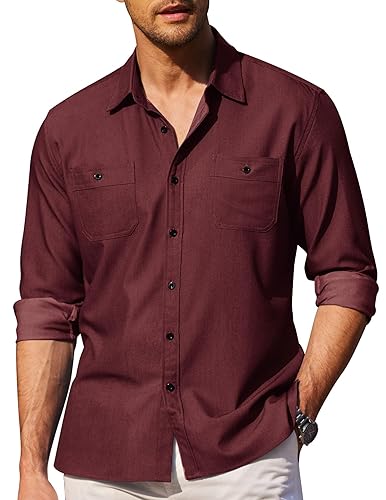 COOFANDY C Herren Slim Hemd Langarm Freizeithemd Button Down Business Hemd Zwei Taschen Trachtenhemd Oxford Outdoorhemd Weinrot XXL von COOFANDY