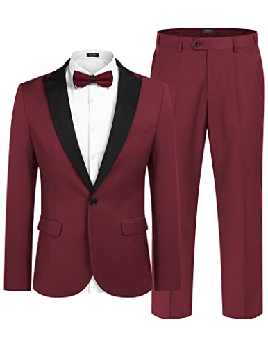 COOFANDY Herren-Smoking-Anzüge, 2-teilig, Hochzeits-Blazer, Ein-Knopf-Schirm, Anzugjacke, Kleid, Hose für Abendessen, Abschlussball, Party, Weinrot, XX-Large von COOFANDY