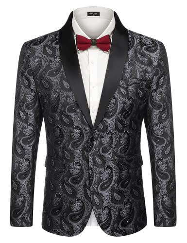 COOFANDY Herren Smoking Sakko Anzug Modern Blazer Luxus Stilvoll Anzugjacke Festlich Jacke mit Blumenmuster Paisley für Abendessen Hochzeit Party Grau XXL von COOFANDY