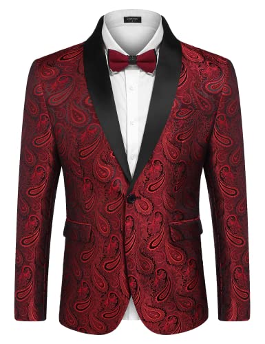 COOFANDY Herren Smoking Sakko Anzug Modern Blazer Luxus Stilvoll Anzugjacke Festlich Jacke mit Blumenmuster Paisley für Abendessen Hochzeit Party Rot XL von COOFANDY