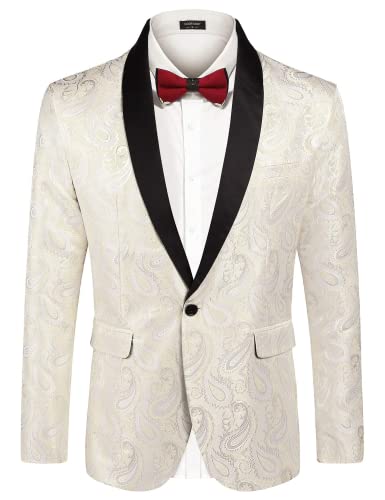 COOFANDY Herren Smoking Sakko Anzug Modern Blazer Luxus Stilvoll Anzugjacke Festlich Jacke mit Blumenmuster Paisley für Abendessen Hochzeit Party Beige S von COOFANDY