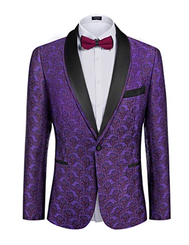 COOFANDY Herren-Smokingjacke, Blumenmuster, schmale Passform, Dinnerjacke, Party, Abschlussball, Hochzeit, Blazer, Violett, M von COOFANDY