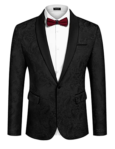 COOFANDY Herren Smokingjacke mit Blumenmuster, Paisleymuster, Schal, Revers, Ein-Knopf, Blazer für Abendessen, Party, Hochzeit, Abschlussball, schwarz, M von COOFANDY