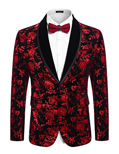 COOFANDY Herren-Smokingjacke mit Blumenmuster, Schal, Revers, Ein-Knopf-Samt-Anzug, Jacke, Abendessen, Abschlussball, Party, Hochzeit, Blazer, Rot/Ausflug, einfarbig (Getaway Solids), XX-Large von COOFANDY