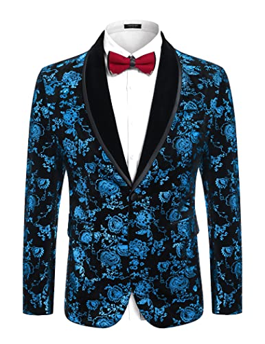 COOFANDY Herren-Smokingjacke mit Blumenmuster, mit Revers und einem Knopf, Samt, Abendessen, Abschlussball, Party, Hochzeit, Blazer, Blau, S von COOFANDY