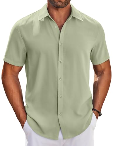 COOFANDY Herren Sommer Hemd Kurzarm Freizeithemd Strand Hemden Button Down Einfarbig Basic Shirt Hellgrün S von COOFANDY