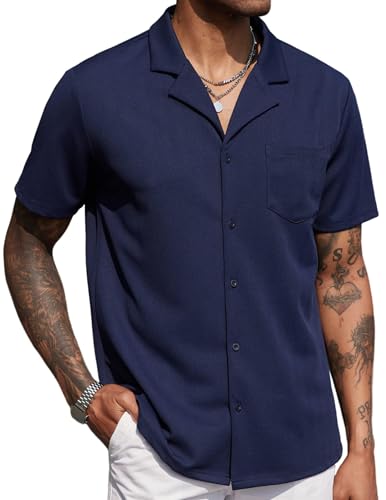 COOFANDY Herren Sommer Hemd Männer Kurzarm Regular Fit Freizeithemd Strand Wrinkle Free Shirts Kubanischer Kragen Urlaub Button Down Hemd Blauviolett XXL von COOFANDY