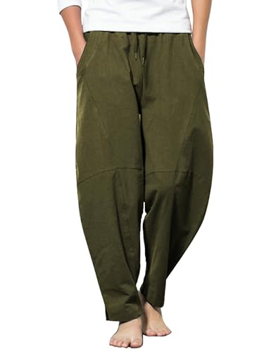 COOFANDY Herren Sommer Hose Leinenhose mit Taschen Haremshose Yogahose Herren Lange Hosen Loose Fit Freizeithose Armeegrün XXL von COOFANDY