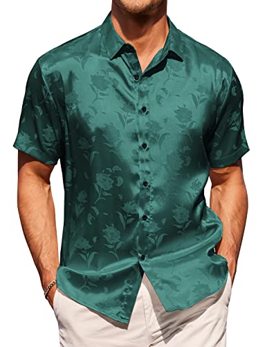 COOFANDY Herren Sommer Jacquard Regular Fit Shirts Casual Button Down Kurzarm Strand Tops, Grün , L von COOFANDY