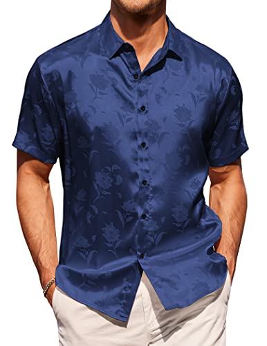 COOFANDY Herren Sommer Jacquard Regular Fit Shirts Casual Button Down Kurzarm Strand Tops, Marineblau, XX-Large von COOFANDY