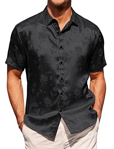 COOFANDY Herren Sommer Jacquard Regular Fit Shirts Casual Button Down Kurzarm Strand Tops, Schwarz, Mittel von COOFANDY