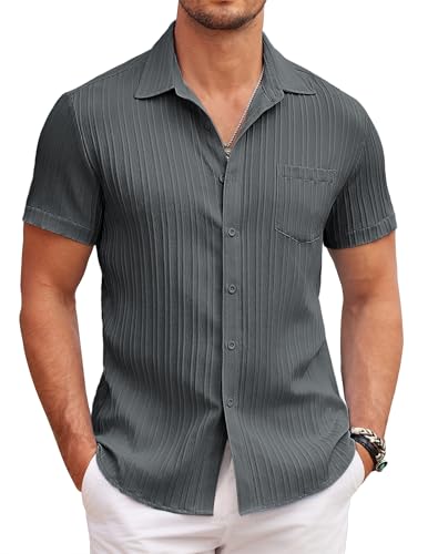 COOFANDY Herren Sommer Kurzarm Hemden Casual Textured Freizeithemd Regular Fit Sommmer Strand Beach Shirt mit Tasche Dunkelgrau M von COOFANDY