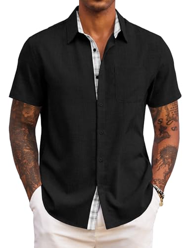 COOFANDY Herren Sommer Kurzarmhemd Leichtes Sommerhemd Strandhemd Freizeithemd Freizeit Modisches Kurzes Hemd Herren mit Brusttasche Schwarz 4XL von COOFANDY