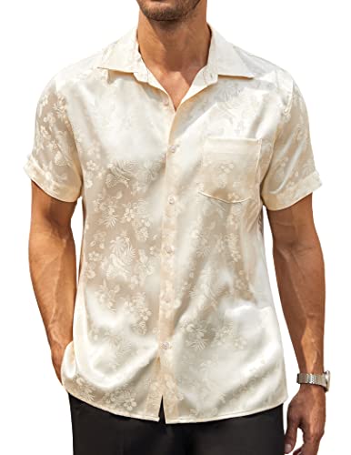 COOFANDY Herren Sommer Shirts Kurzarm Seide Satin Jacquard Shirts Casual Button Down Beach Shirt, 01 Helles Khaki, XL von COOFANDY