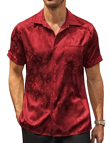 COOFANDY Herren Sommer Shirts Kurzarm Seide Satin Jacquard Shirts Casual Button Down Beach Shirt, 01 Rot, Klein von COOFANDY