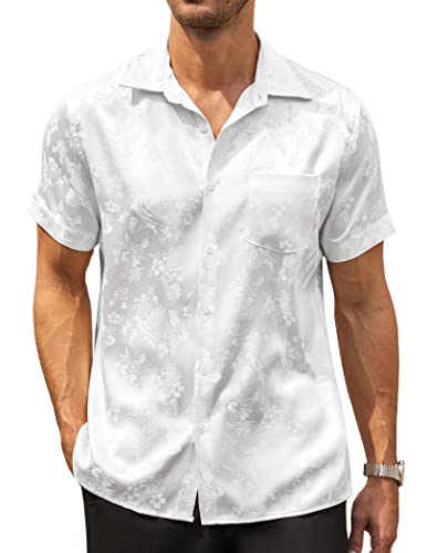 COOFANDY Herren Sommer Shirts Kurzarm Seide Satin Jacquard Shirts Casual Button Down Strandhemd, 01 Weiß, L von COOFANDY