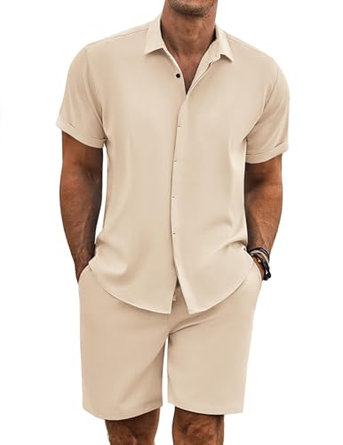 COOFANDY Herren Sommer Strand Outfits 2-teilig Kurzarm Shirts und Shorts Urlaub Textur Leinen Sets für Herren, Hellkhaki, Large von COOFANDY