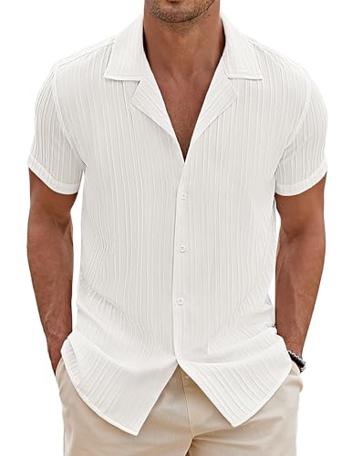 COOFANDY Herren Sommerhemd Kurzarm Hemd Hawaiihemd Kuba-Kragen Hawaii Herrenhemd Einfarbig Shirt Freizeithemd Männer Hemden Weiß XL von COOFANDY