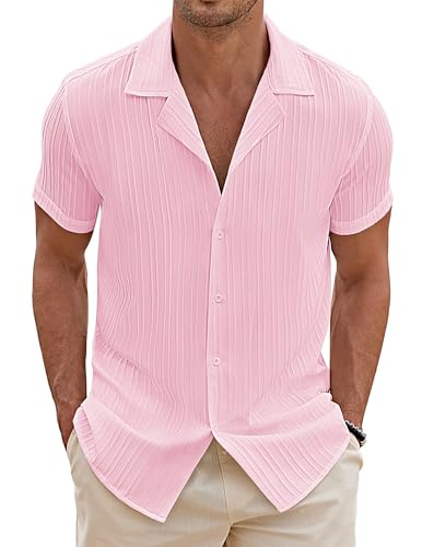 COOFANDY Herren Sommerhemd Kurzarm Kuba Shirt Hawaii Hemd Buntes Freizeithemd Männer Button Down Shirt Textured Beach Outfit Mittel Rosa XL von COOFANDY