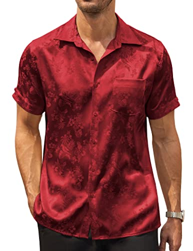 COOFANDY Herren-Sommerhemden, kurzärmelig, Seidensatin, Jacquardhemden, lässig, Knopfleiste, Strandhemd, 01 Rot, L COOFANDY Herren-Sommerhemden, kurzärmelig, Seidensatin, Jacquardhemden, lässig, Knopfleiste, Strandhemd, 01 Rot, L von COOFANDY
