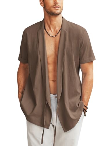 COOFANDY Herren Strand-Kimono-Hemd, Cardigan, Jacke, leichtes Leinen, kurze Ärmel, vorne offen, Freizeithemden, Braun, XL von COOFANDY