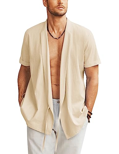 COOFANDY Herren Strand Kimono Hemd Cardigan Jacke Leichte Leinen Kurzarm Offene Front Casual Shirts, Cream, Mittel von COOFANDY