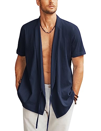 COOFANDY Herren Strand Kimono Hemd Cardigan Jacke Leichte Leinen Kurzarm Open Front Casual Shirts, Marineblau, L von COOFANDY