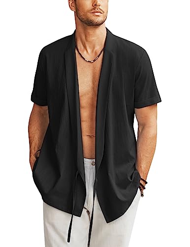 COOFANDY Herren Strand Kimono Hemd Cardigan Jacke Leichte Leinen Kurzarm Open Front Casual Shirts, Schwarz, Large von COOFANDY