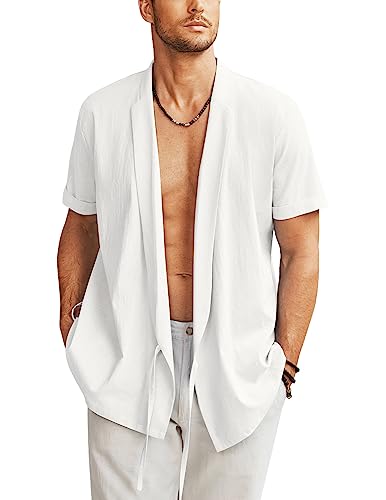 COOFANDY Herren Strand Kimono Hemd Cardigan Jacke Leichte Leinen Kurzarm Offene Front Casual Shirts, Weiss/opulenter Garten, L von COOFANDY