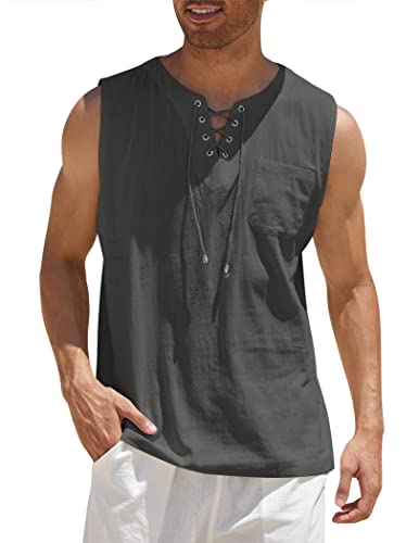 COOFANDY Herren Strand-Shirt, modisch, ärmellos, T-Shirt, leger, Baumwoll-Leinen, Tanktop, anthrazit, Klein von COOFANDY