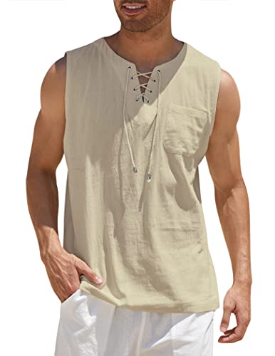 COOFANDY Herren Strand-Shirt, modisch, ärmellos, T-Shirt, leger, Baumwoll-Leinen, Tanktop, khaki, Mittel von COOFANDY